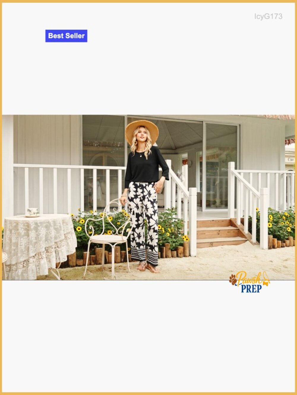 Two Piece Lounge Set with Pockets 3/4 Sleeve Top and Printed Pants - Picture 6 of 7